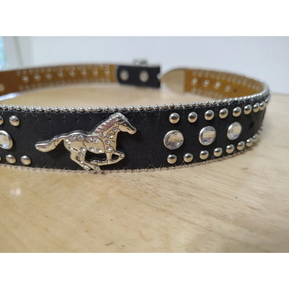 Nocona Girls Rhinestone Black Leather Western Belt Size 24 N4427601 No Buckle